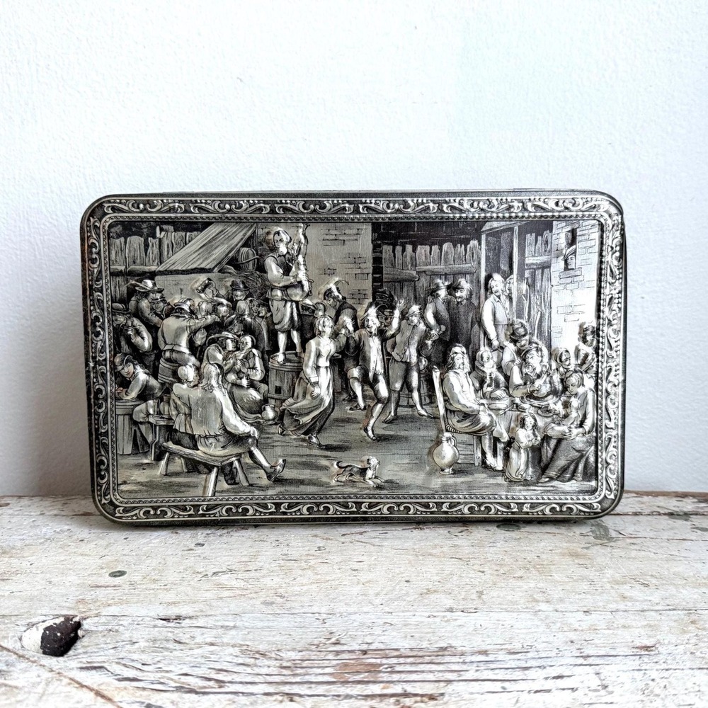 Vintage Teniers 3D Embossed Belgium Tin – 1950s Silvertone Hinged Cookie Box
